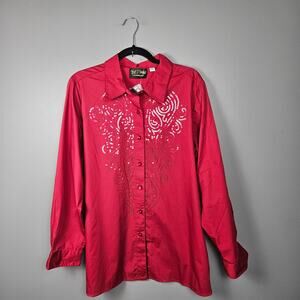 Bob Mackie Women L Button Front Sequin Wearable Art Blouse Relaxed Fit Red